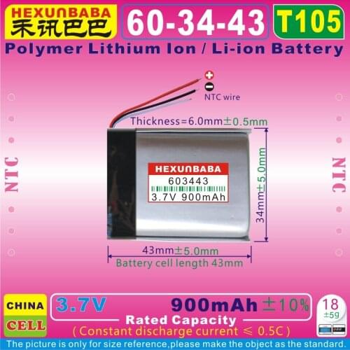 2pcs [T105] 3.7V 900mAh [603443] NTC;Polymer lithium ion / Li-ion battery for GPS,mp3,mp4,mp5;cell phone,speaker,DVD,pos