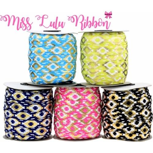 50 Yards/Lot Rhombus Diamond Geometric Gold Foil Ink Printing Elastic Ribbon DIY Handmade Hair Accessories Gift Ribbon