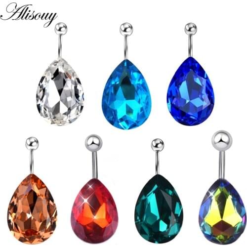 Alisouy 1pc Sexy belly button rings Bar color Plated Surgical Piercing Sexy Body Jewelry for women water Drop CZ navel piercing