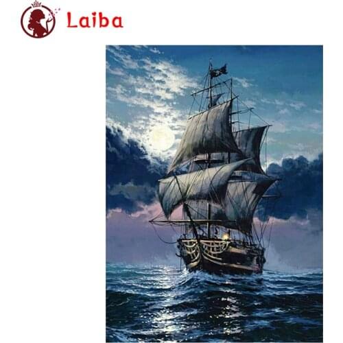 Diamond Embroidery Sailing ship on the sea at night moon Diamond Painting Full Square round drill Mosaic Cross Stitch Wall Art