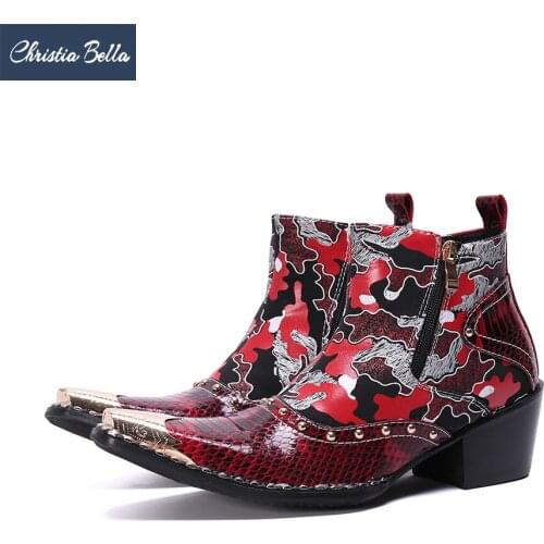 Christia Bella Fashion Camouflage Genuine Leather Men Ankle Boots Increase Height Rivet Party Boots Cowboy Zip Short Boots Botas