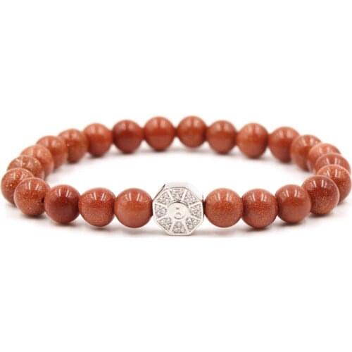 FYJS Unique Silver Plated Eight Diagrams Connect 8 mm Round Beads Golden Sand Stone Elastic Bracelet Classic Style Jewelry