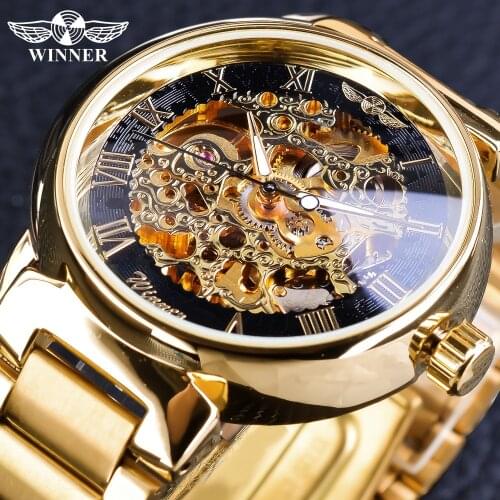 Winner Watch Retro Roman Gold Skeleton Mechanical Watch for Men Luminous Hands Relogio Winner Stainless Steel Transparent Watch