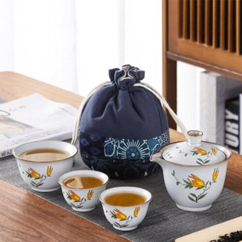 LIZAOTAO Ru Kiln Travel Tea Set Retro Ceramic Tea Cup Portable Car Office Tea Set Chinese Retro Ceramic Kung Fu Tea Set