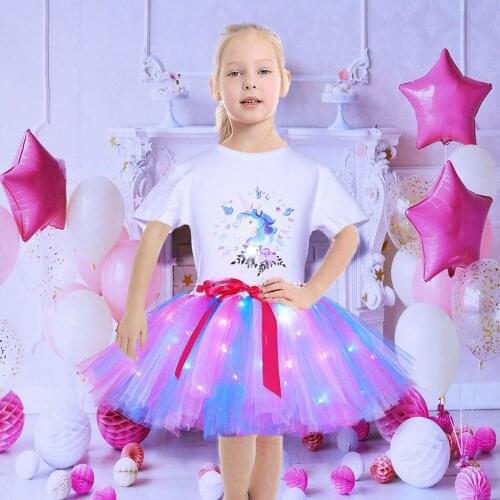 Fashion Girls Summer Unicorn T-shirts with LED Tutu Skirts Princess Girl Kids Cotton Short Sleeve Glowing Party Unicorn Dresses