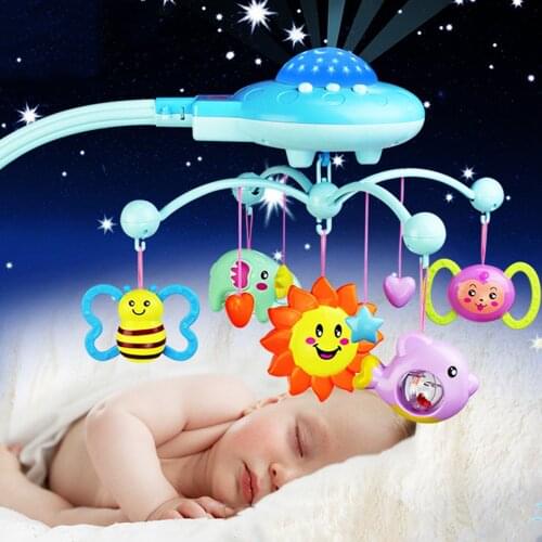 0-12Months Baby Bed Bells Newborn Rotating Crib with Music and Sky Stars Projection Hanging Baby Rattle Bracket Set Baby Toys