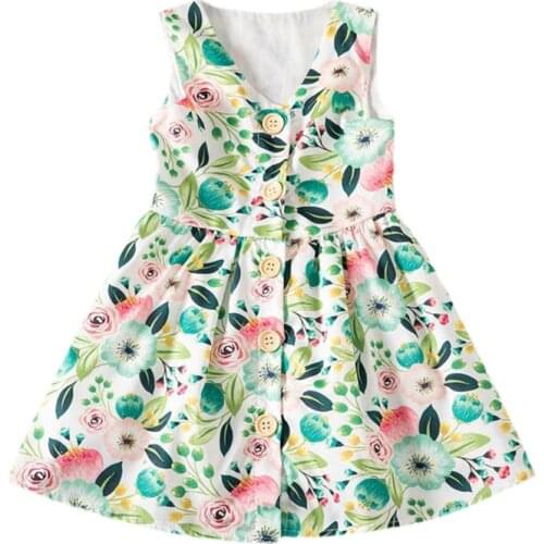 Kids Girls Floral Print Dress Shirts Dress V-neck Sleeveless Summer Dresses 2021 New Children Casual Leaf Pattern Clothing 2-6Y