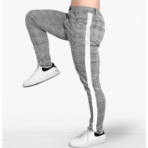 Hip Pop Long Trousers Streetwear Pants Casual Fashion Men Jogging Plaid Grey Side Stripe Pants Skinny Bottom Slim Fit Sweatpants