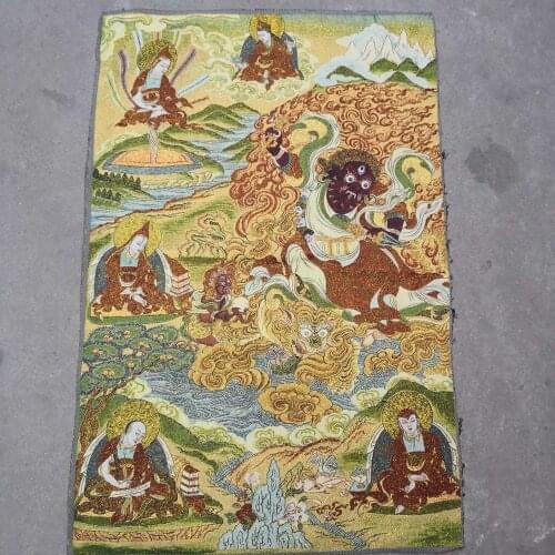 Home Decor 35" Thangka embroidery Tibetan Buddhism silk embroidery brocade Nepal Mahakala Buddha Statue Anger incarnate Skull