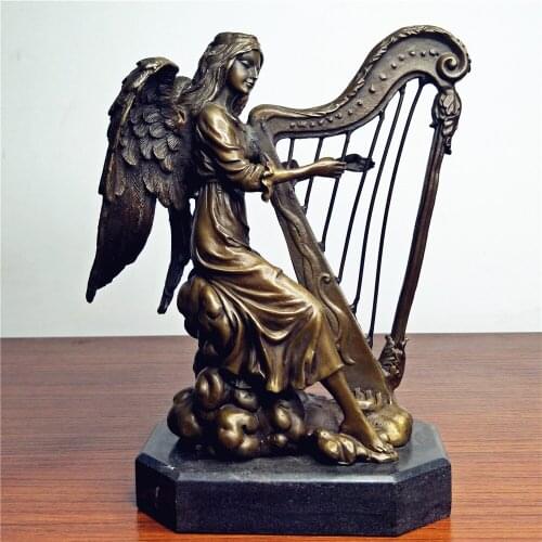 Home Copper sculpture Harp Angel Girl Crafts Music Figure Sculpture Ornaments Decorations Business Gifts QI Bronze