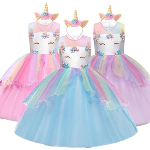 Girls Unicorn Dress Princess Christmas Costume Birthday Party Dress Rainbow New Year Costume Christmas Kids Dresses For Girls