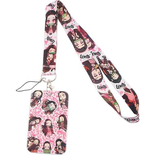 ER638 Pink Anime Girl Demon Slayer Lanyard Card Holder Student Hanging Neck Phone Lanyard Badge Subway Access Card Holder
