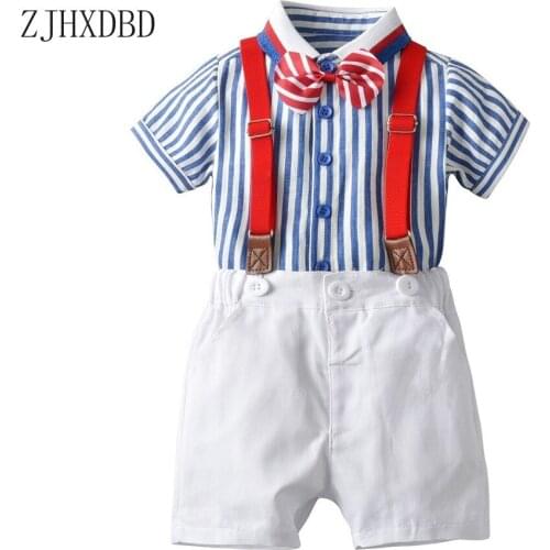 2020 Wedding Blazers Sets Summer Suit Short-sleeved Shirt Suit Male Baby Gentleman Bow Tie Striped Shirt Strap Three-piece Suit