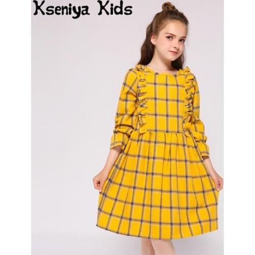 Kseniya Kids Fashion Ruffle Plaid Long Sleeve Girls Dress For 2 to 9 Years