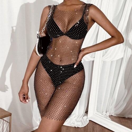 Summer Mesh Round Neck Dress Rhinestone Hollow Bikini Swimsuit Tights Summer Dress Women Sexy Sleeveless Transparent Swimsuit