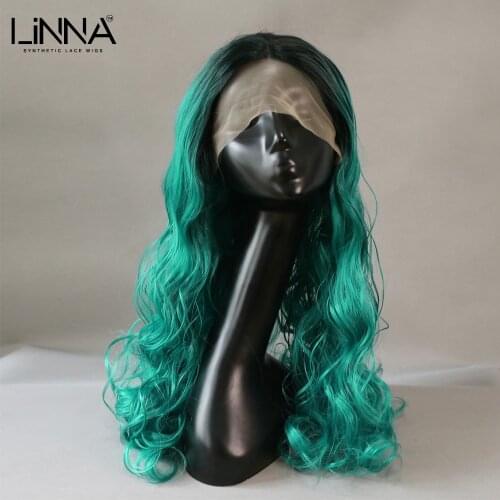 LINNA Synthetic Lace Front Wig 20 Inch Lace Long Wavy Green Wig Synthetic Wigs For Women Cosplay Hair Wig Heat Resistant Fiber