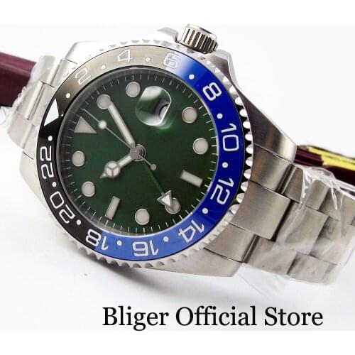 Fashion BLIGER Green Dial Blue Black Bezel Self Winding Mens Watch Sapphire Glass Mental Strap GMT Function 40mm Watch