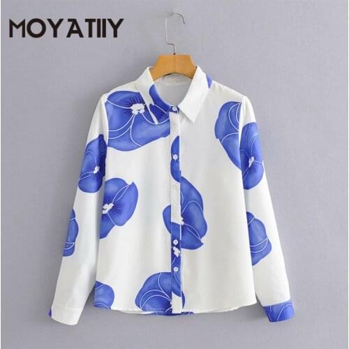 MOYATIIY Fashion Women Luxy Spring Shirts Turn Collar Flower Blue Morning Glory Print Blouse Shirts Female Tops Office Lady