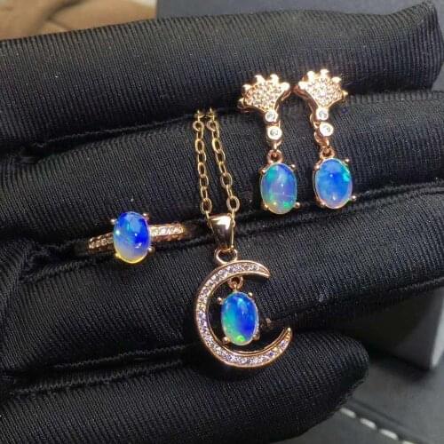 Natural Opal jewelry set Natural Real Opal 925 sterling silver 1pc pendant,1pc ring,2pcs Earring