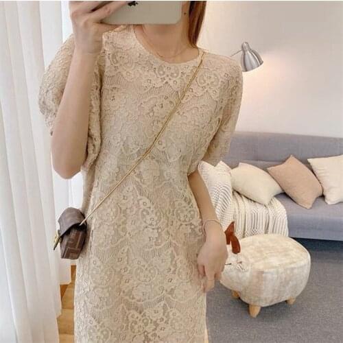 2021 spring and summer new girls' age reduction ol style three dimensional bubble sleeve temperament eyelash lace dress