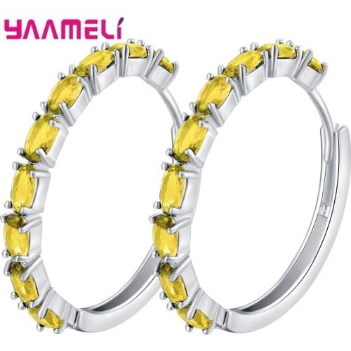 Brand New Design Fashion Charm Austrian Crystal 925 Sterling Silver Hoop Earrings Round Shiny Colorful Rhinestone Jewelry Women