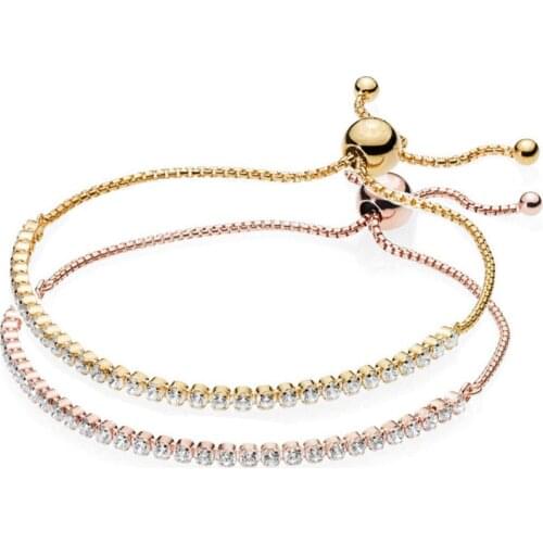 Original Rose Gold Classic Tennis Sparkling Strand Adjust Bracelet Bangle Fit 925 Sterling Silver Bead Charm Diy Pandora Jewelry
