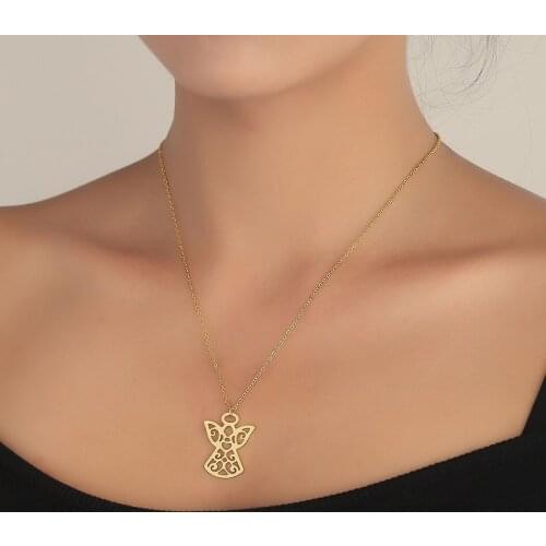 Stainless Steel Heart Flower Pattern Angle Necklaces for Girls Women Guardian Pendant Dainty Amulet Jewelry Gift