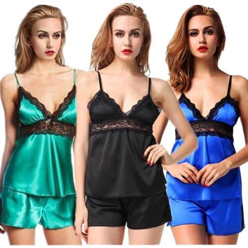 Sexy Women Sleepwear Satin Pajamas Set Lace V-neck Pyjama Summer 2PCS Nightwear Ladies Strap Sling+shorts Lingerie Pijamas