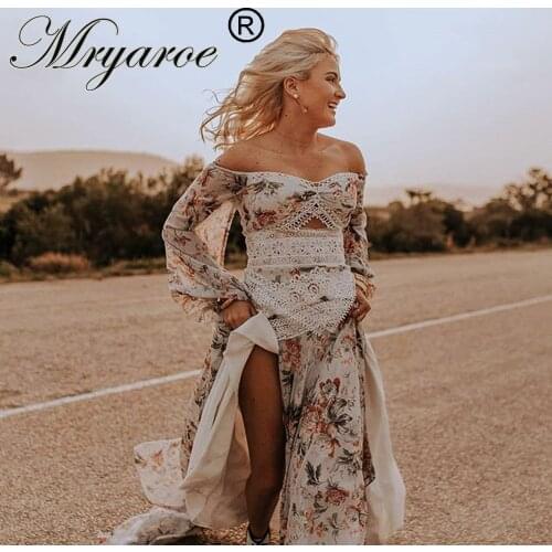 Mryarce Morden Bride Floral Flowy Chiffon Boho Chic Wedding Dress Off The Shoulder Open Legs Bridal Gowns