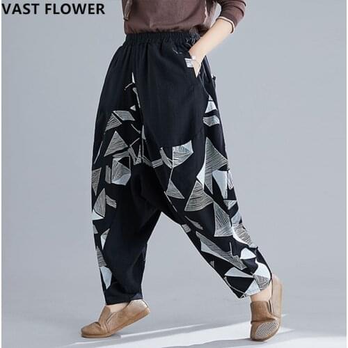 Plus Size Pants Women Vintage Cotton Linen Oversize Trousers Geometric Print Black Harem Pants Ladies Loose Casual Spring 2021