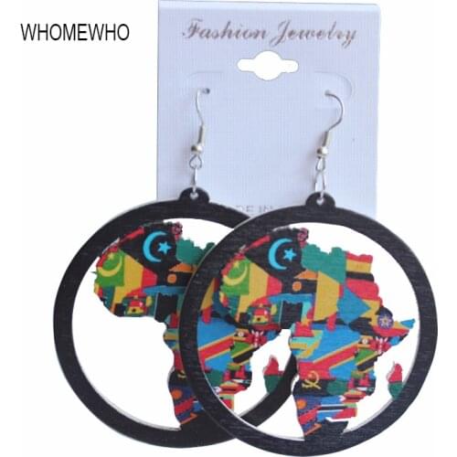 60cm Tribal Unfinished Wood Colorful Africa Map Hollow Out Drop Earring Handmade Wooden African Hiphop Ethnic Jewelry