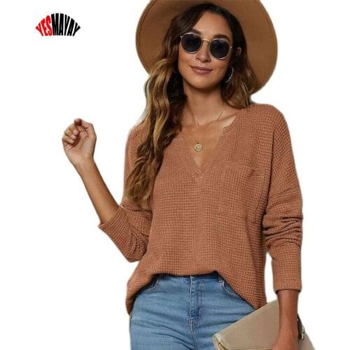 Autumn Winter Womens Knitted Sweater Solid Ladies Pullover V-neck Tops Pull Femme Long-sleeved Casual Female Loose Jumpers