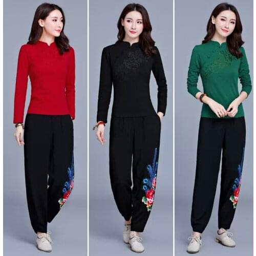 Traditional Chinese Embroidery Cheongsam Chinese Collar Shirt Woman Clothing Long Sleeve Womens Long Sleeve Tops
