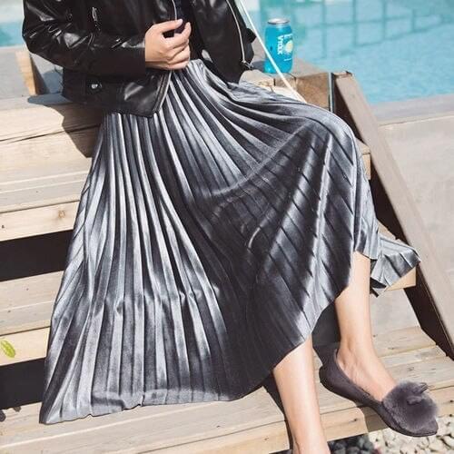 Autumn and Winter High Waist Womens Skirts Mid-length Velvet Big Swing A-line Pleated Ladies Skirt Large Size