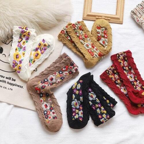 Floral Print Womens Socks Japanese Harajuku Loose Long Socks Cotton Warm Mid Tube Socks For Winter Fashion Girl Funny Stockings