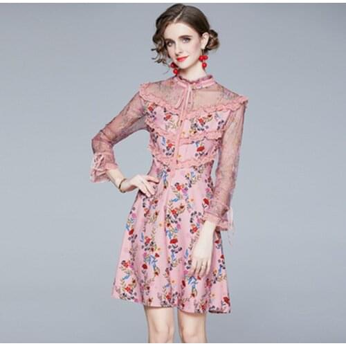 Elegant Temperament Lace Patchwork Embroidery Lady Dress 2021 Fashion Runway Women Sweet Bow Flare Sleeve Print Mini Dress