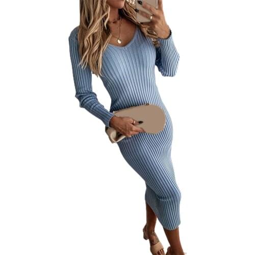 Women Knitting Package Slim Sexy Party Dress V-Neck Bodycon Dress Long Sleeve Autumn Female Sweater Slim Dress Vestidos