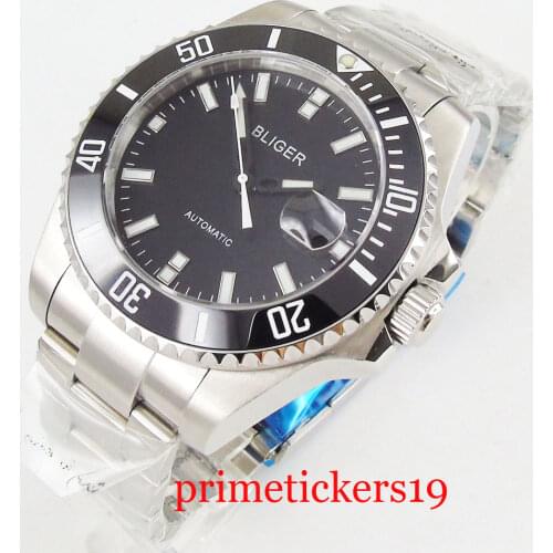 43mm bliger black dial black ceramic rotating bezel date sapphire glass automatic movement mens watch