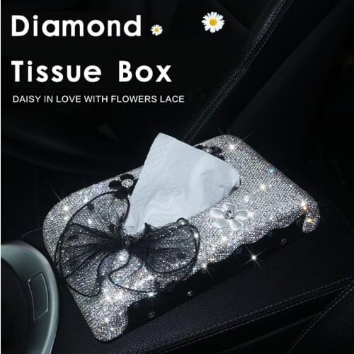 Car Tissue Box Rhinestone Flower Diamond Auto Tissue Holder Block-type Tissue Box Car Styling Bow Crystal Diamante Bling Cover