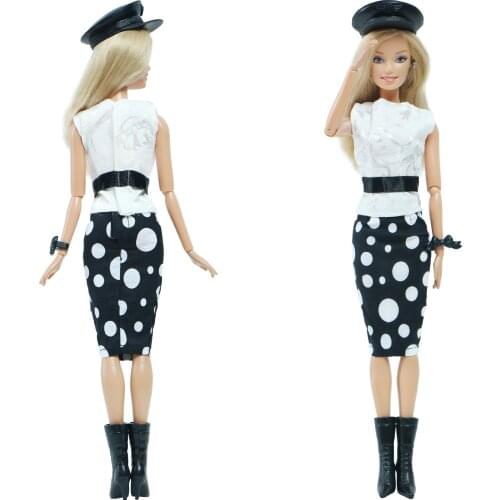 BJDBUS 1 Set Doll Business Suit White Blouse Wave Point Skirt High Heels Boots Shoes Cap Bracelet Clothes for Barbie Doll Toys