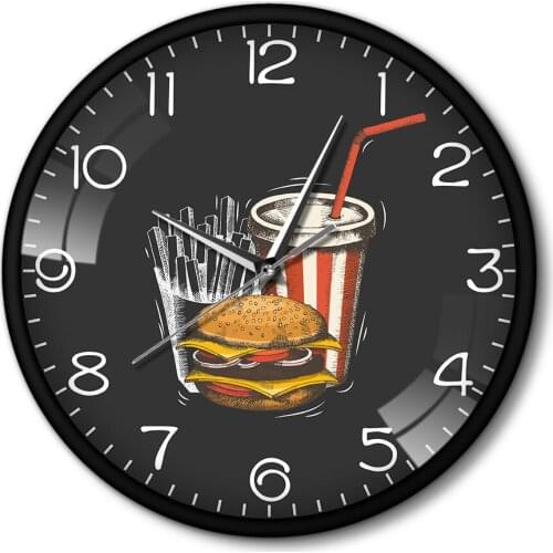 Takeaway Fast Food Hamburger French Fries Soda Business Printed Wall Watch Sillent Quartz Metal Black Clock Restaurant Klok