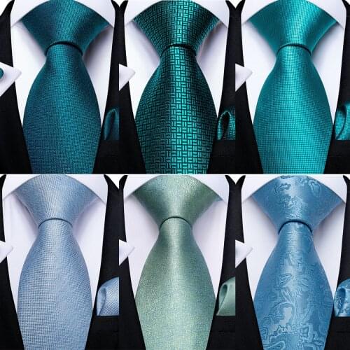 DiBanGu Mens Necktie Teal Green Blue Solid Design Silk Wedding Tie For Men Hanky Cufflinks Tie Set Fashion Bussiness Party