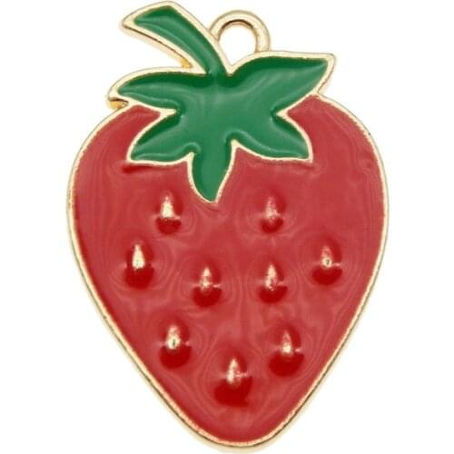 Julie Wang 6PCS Enamel Red Strawberry Charms Alloy Artificial Fruit Gold Tone Pendants Bracelet Jewelry Making Accessory