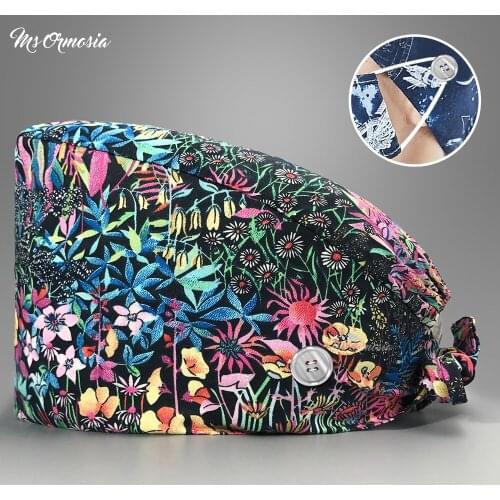 Multicolor Tieback Beautician scrubs Pet clinic Dentist nurse hats nursing hospital caps Surgical medical hat cotton with button