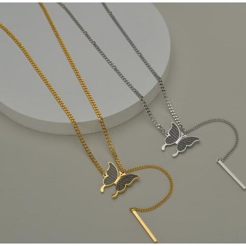 ALLNEWME 2021 Fashion Black Color Butterfly Pendant Necklace for Women Long Tassel Gold Titanium Steel Necklaces Accessories