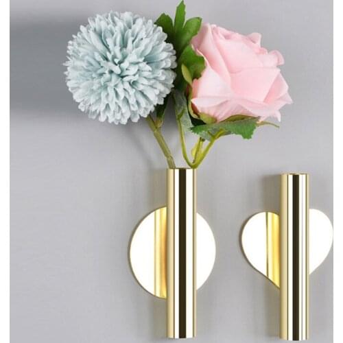 Living Room Wall artificial flower Nordic Style Rose Golden Stainless Steel Vase Wall Holder Flowerpot Home Decoration Creative
