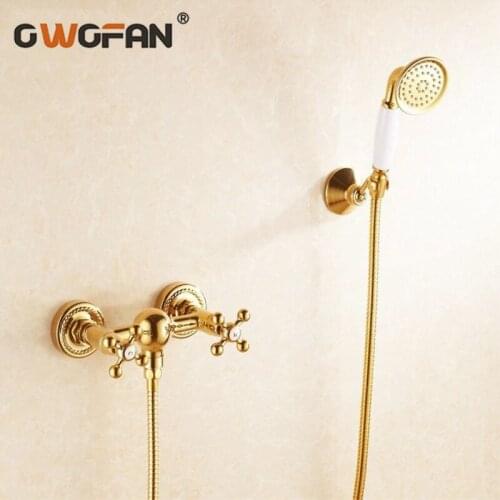 OWOFAN 1 Set Bathroom Rainfall Shower Faucet Set Classic Golden Dual Handle Mixer Tap Wall Mounted Bath Shower Sets HJ-6758K