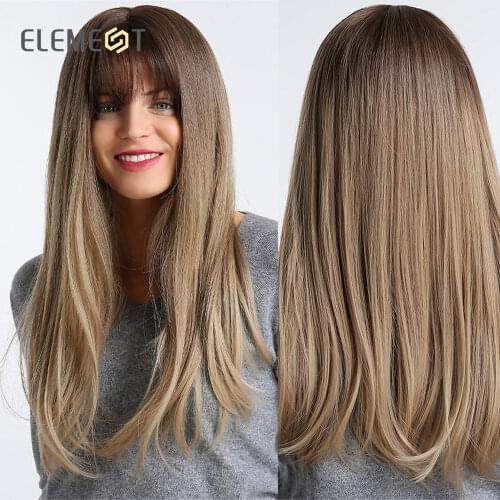 Element 22 inch Long Synthetic Wig with Bangs High Density Dark Root Natural Headline Heat Resistant Hair Wigs for Women 3 Color
