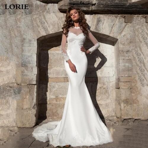 LORIE Satin Wedding Dress Long Sleeve Lace Mermaid Bride Dresses Vestido de novia 2019 Wedding Gown Covered Back
