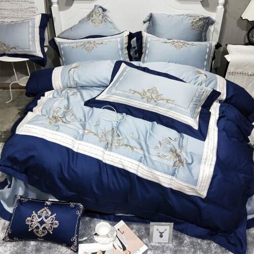 American Embroidered Luxury Egyptian cotton white blue Bedding Sets Queen King size 4/6pcs Bed set Bed Sheet Duvet